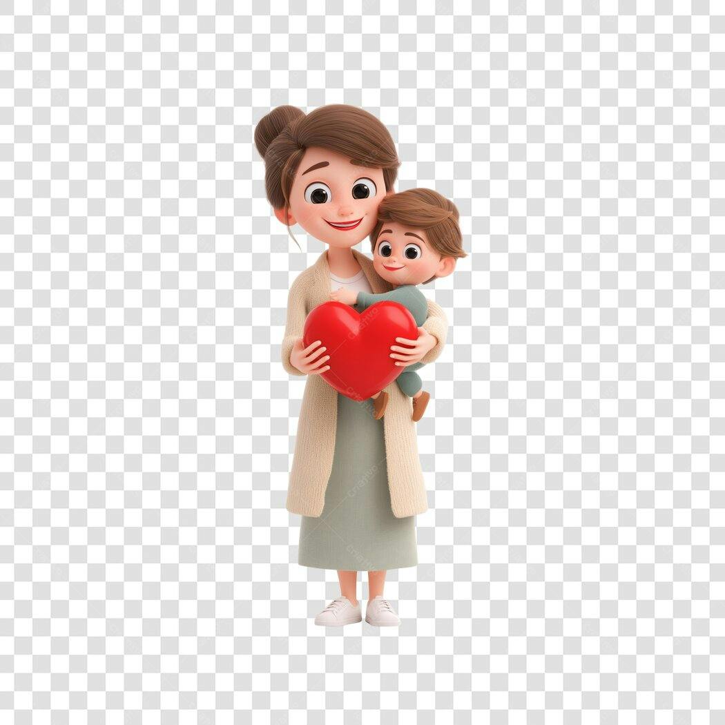 Personagem 3D Mãe e Filho Coração Dia das Mães Maio PNG Fundo Transparente