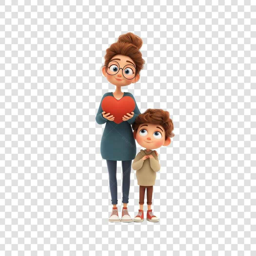 Personagem Ilustrado Mãe Filho Coração 3D Dia das Mães PNG Fundo Transparente