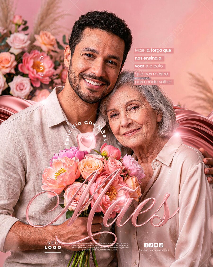 Post Instagram Dia das Mães Floral Rosado PSD Editável
