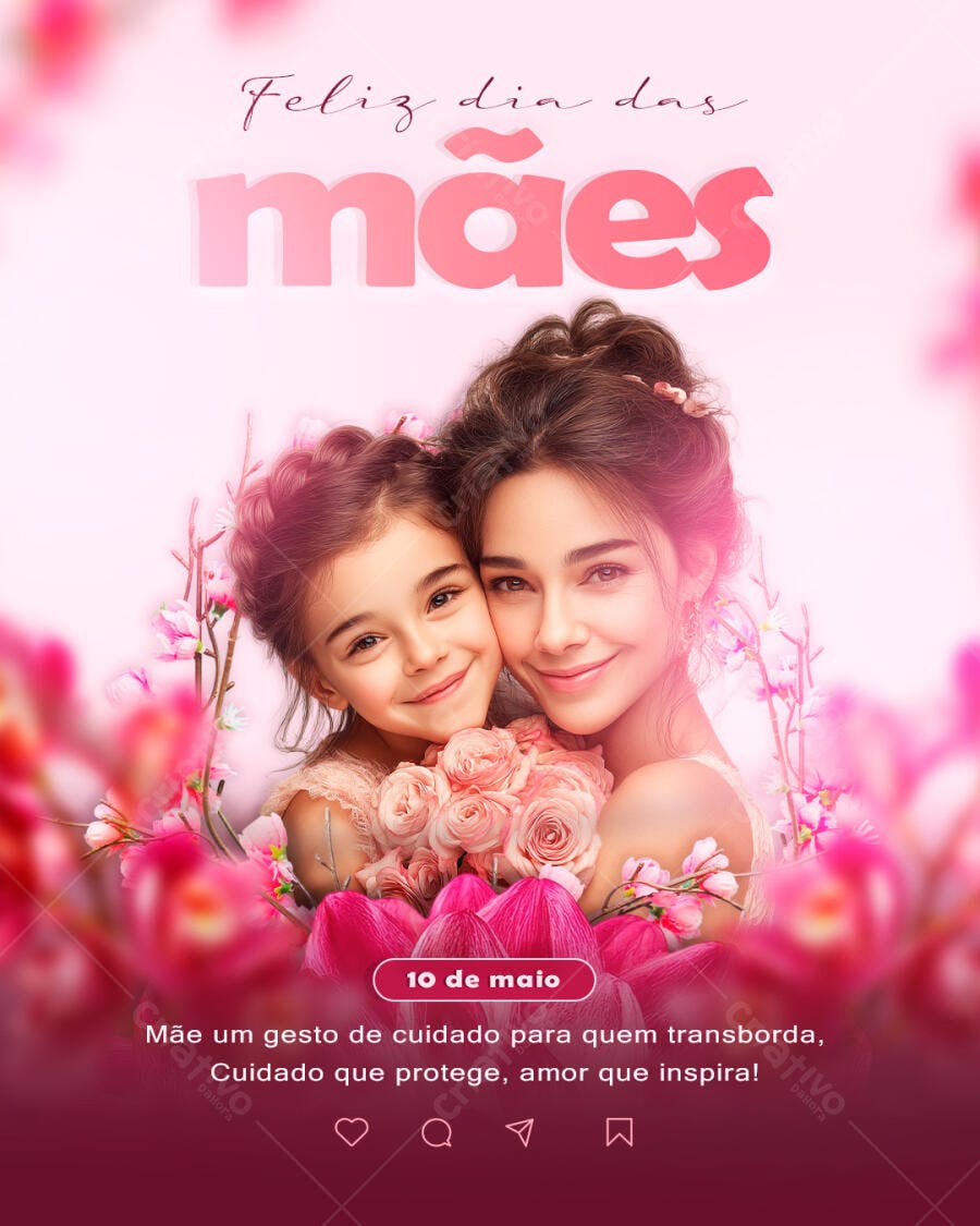 Post Instagram Dia das Mães Rosas Cor de Rosa PSD Editável