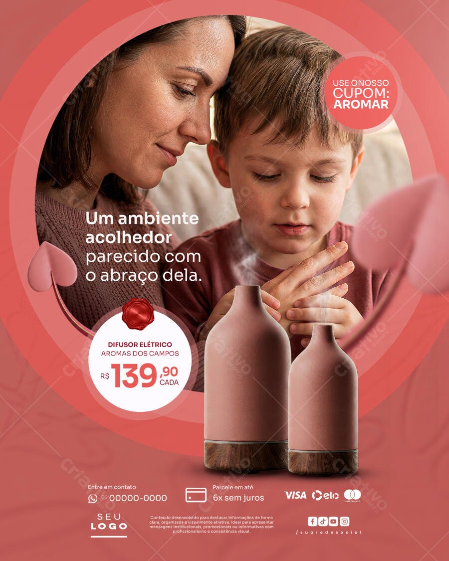 Post Instagram Difusor Elétrico Aromas Dia das Mães PSD Editável