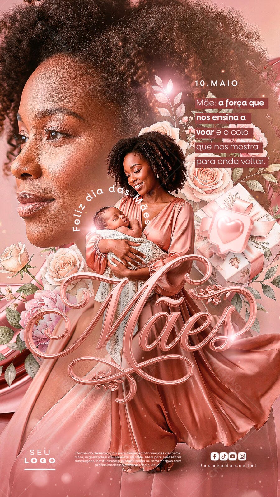 Story Dia das Mães Maio Rosas e Presentes PSD Editável