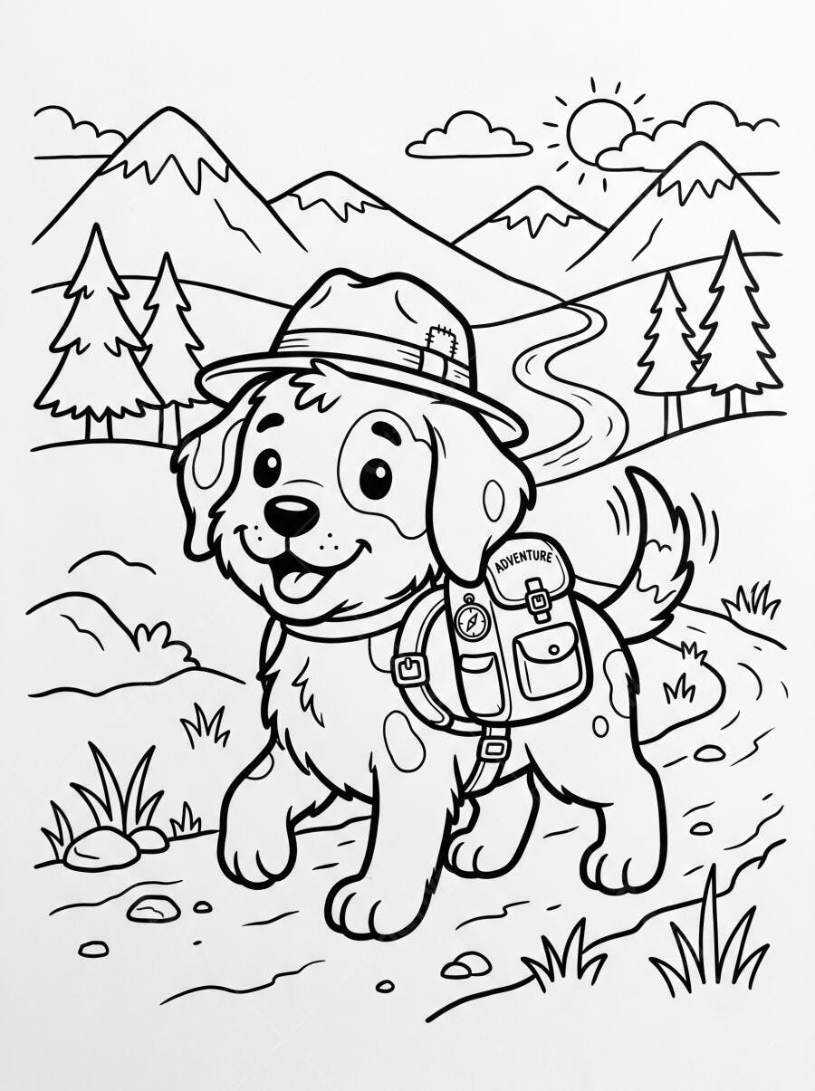 Desenho Cachorro Aventureiro Chapéu Mochila Montanhas