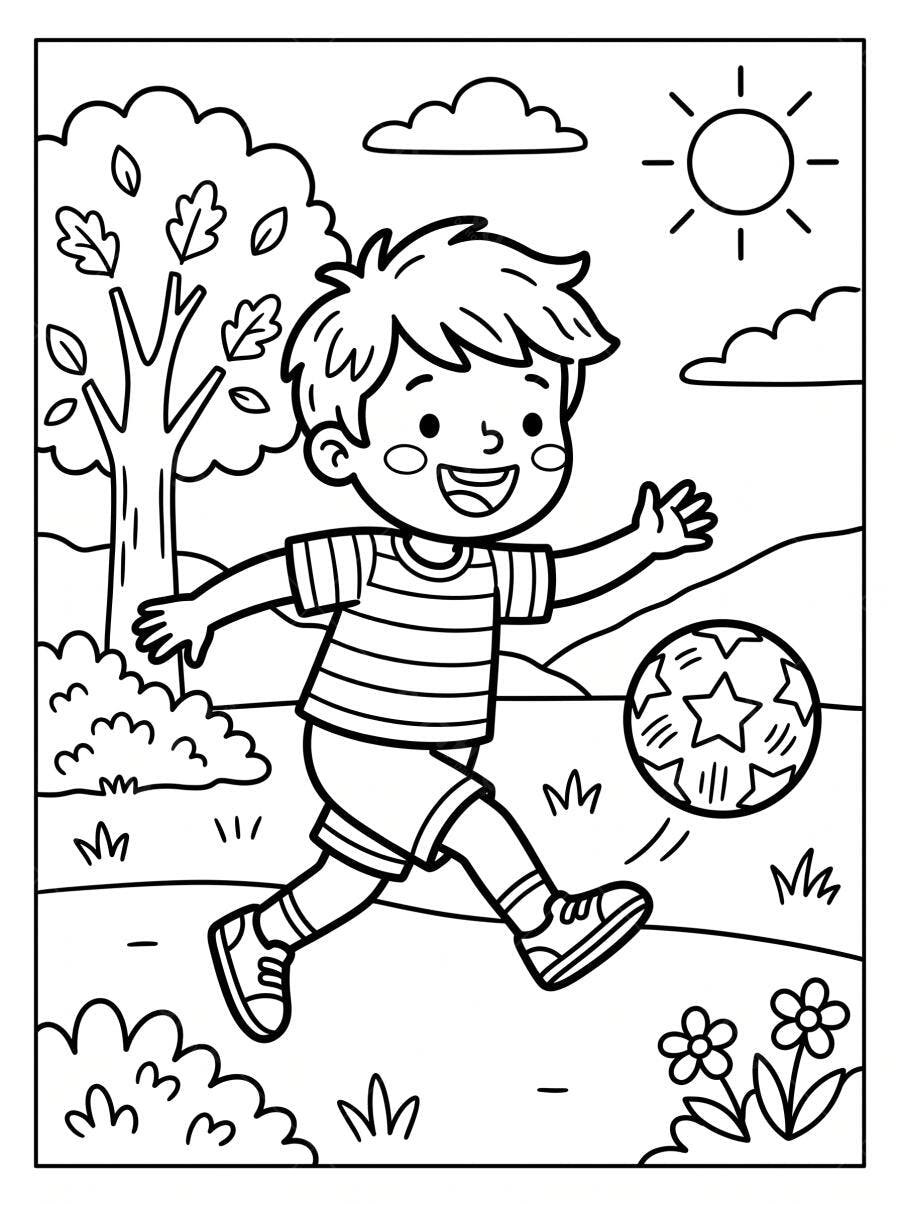 Desenho Menino Jogando Futebol ao Ar Livre