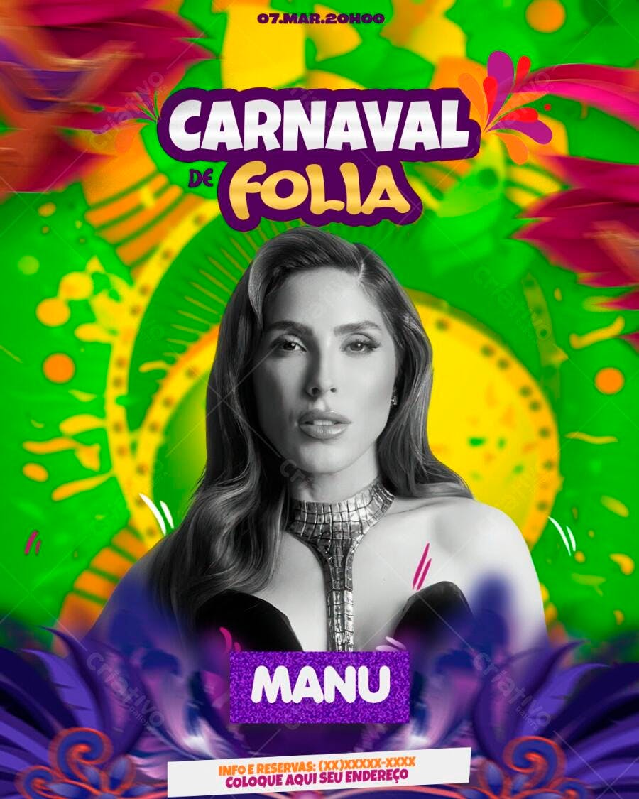 Flyer Carnaval de Folia Fevereiro Evento PSD Editável
