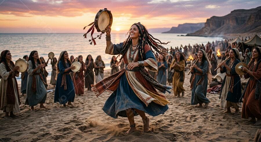 Foto Mulher Dançando Tamboril Praia Pôr do Sol Tribal