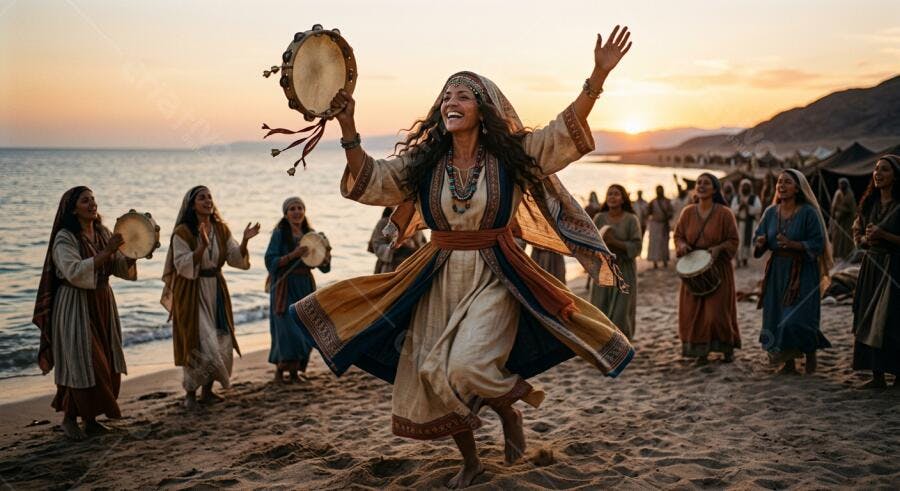 Foto Mulher Dançando Tamborim Praia Pôr do Sol Bíblico Histórico