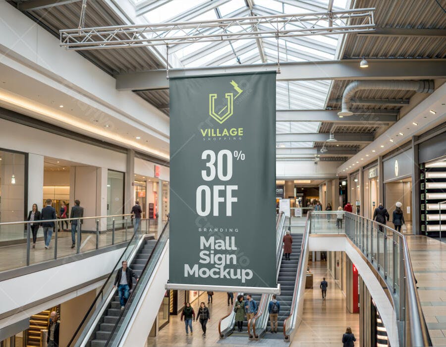 Mockup Banner Suspenso Shopping Vertical Editável