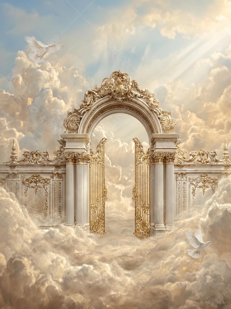 Portão Dourado Céu Nuvens Pombas Brancas Luz Divina