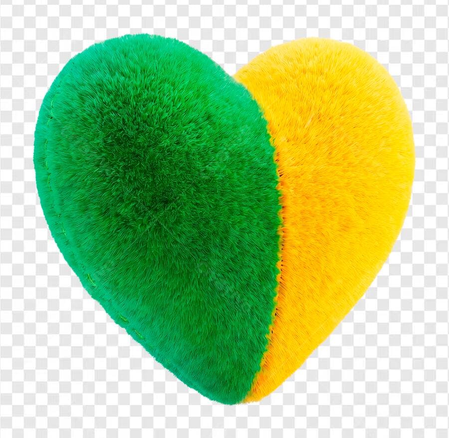 Elemento 3D Coração Verde Amarelo Brasil PNG Fundo Transparente