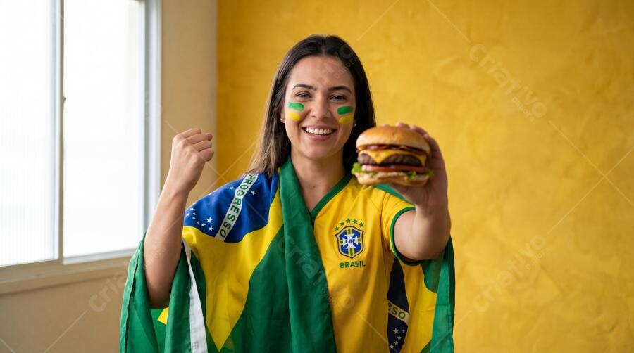 Foto Mulher Brasileira Torcedora Celebrando Copa do Mundo Hambúrguer