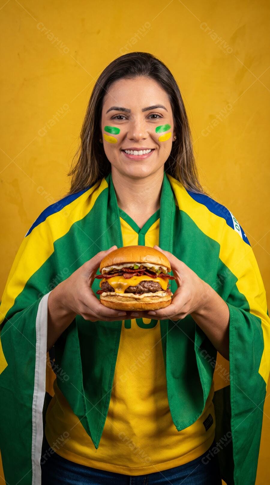 Foto Mulher Brasileira Torcedora Segurando Hambúrguer