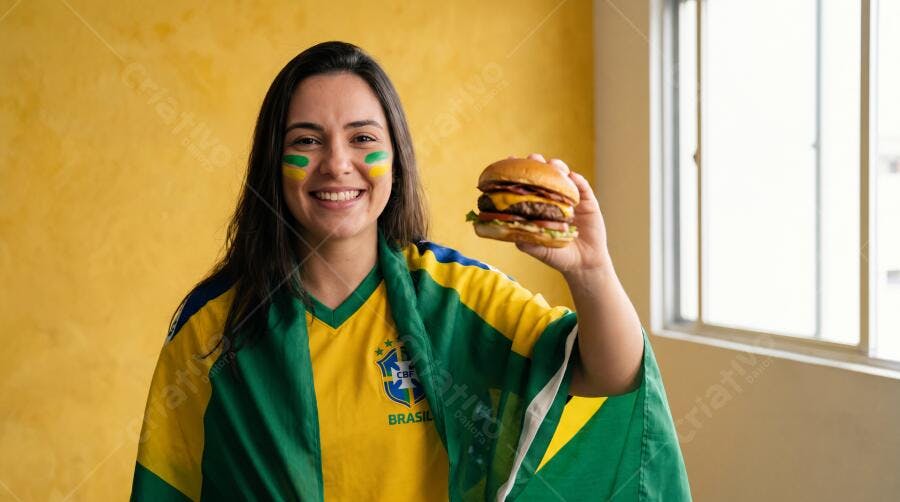 Foto Mulher Brasileira Torcedora Sorrindo Hambúrguer Copa do Mundo