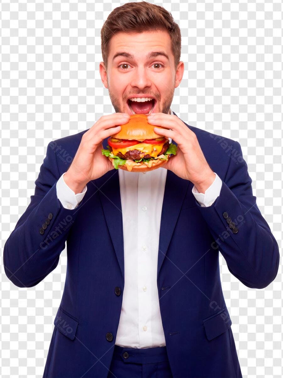Foto Recortada Homem Terno Azul Comendo Hambúrguer PNG Fundo Transparente