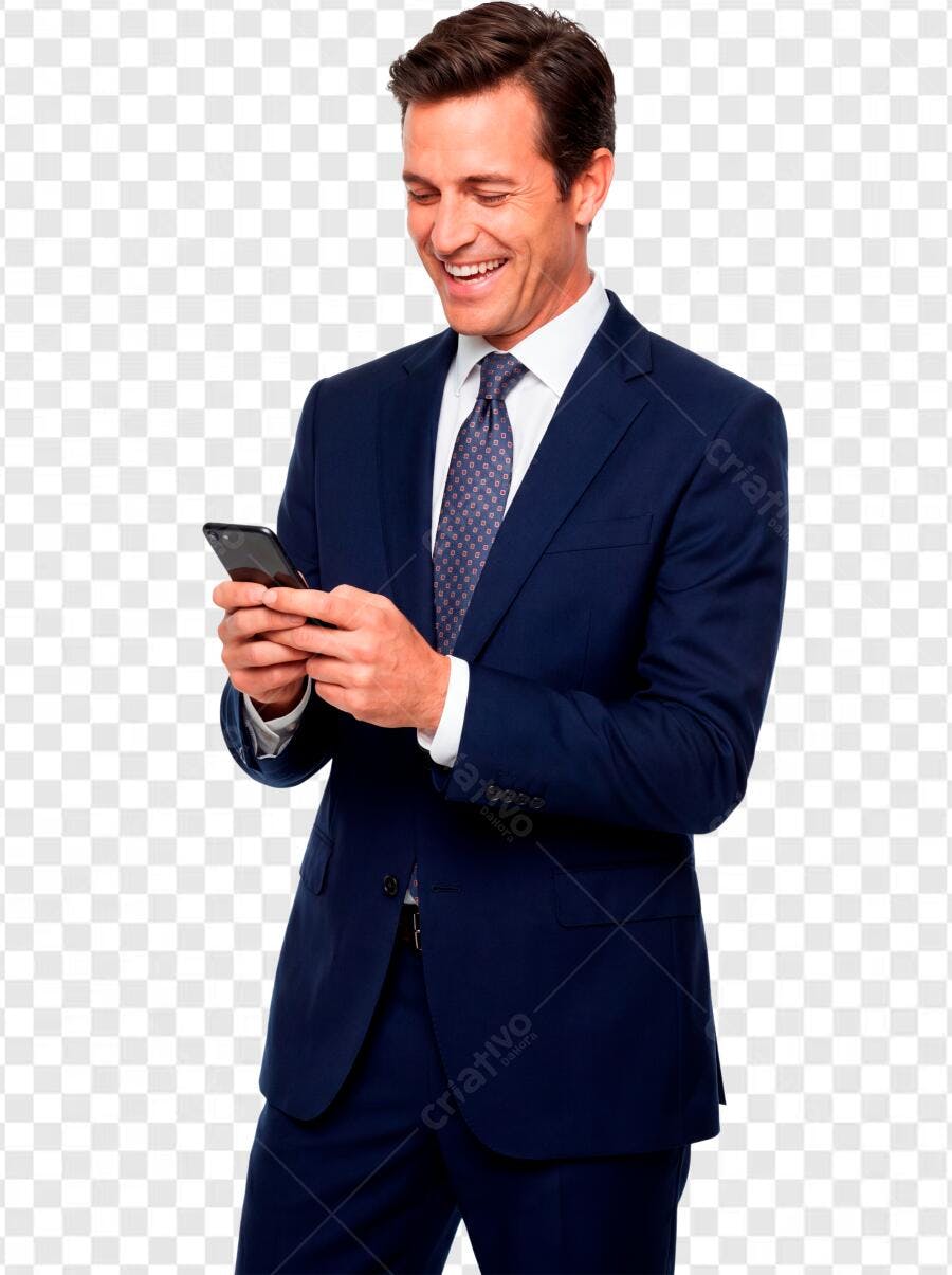 Foto Recortada Homem Terno Azul Sorrindo Celular PNG Fundo Transparente