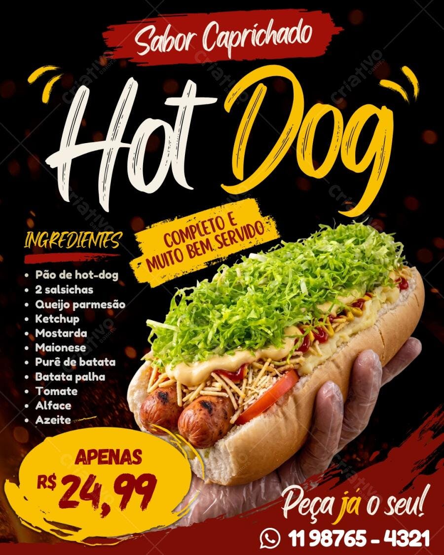 Template Canva Flyer Hot Dog Lanchonete Fast Food Editável