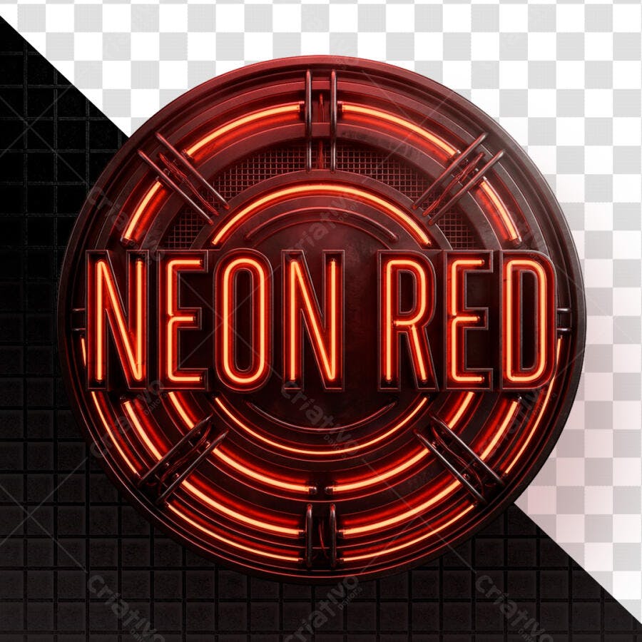 Badge 3D Neon Red Circular Metálico PNG Transparente