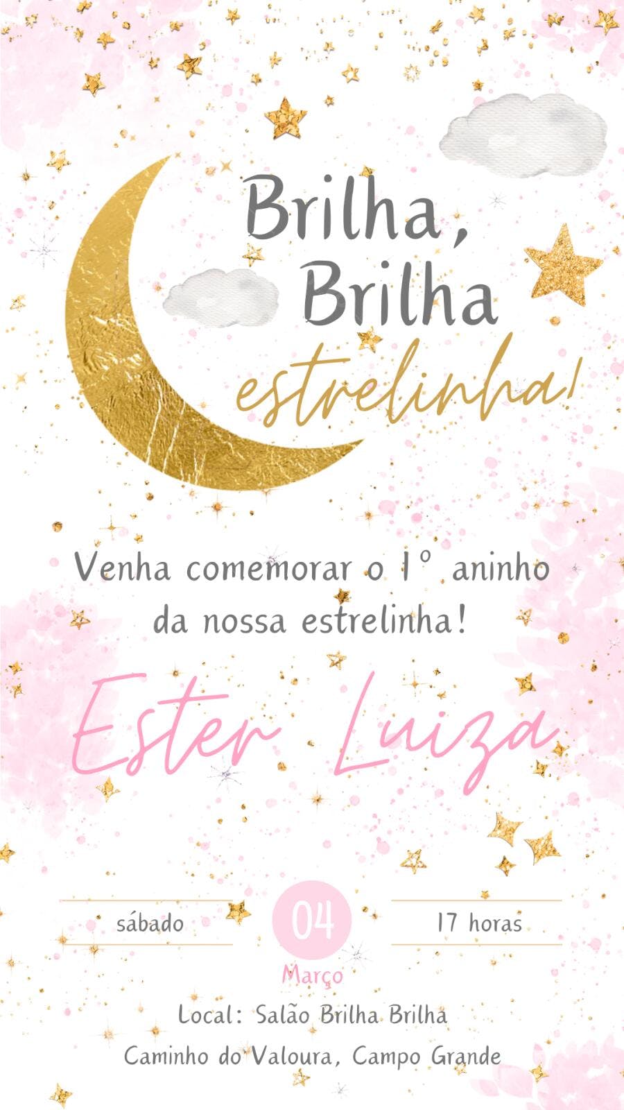 Convite Aniversário 1 Ano Brilha Estrelinha Rosa Dourado Editável