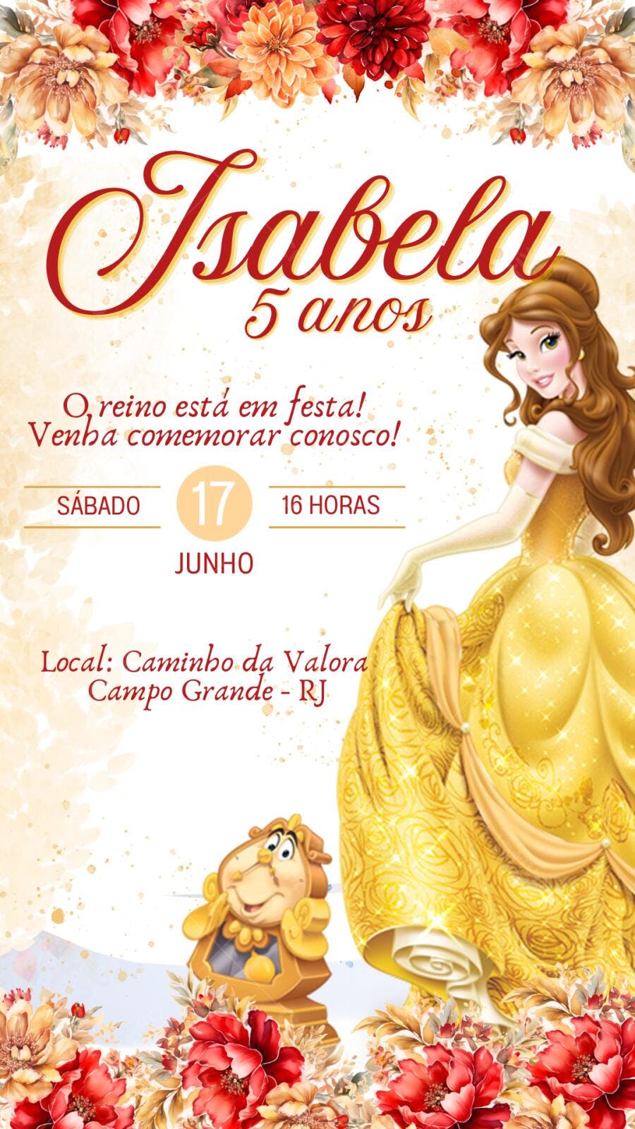 Convite Aniversário A Bela e a Fera 5 Anos Editável