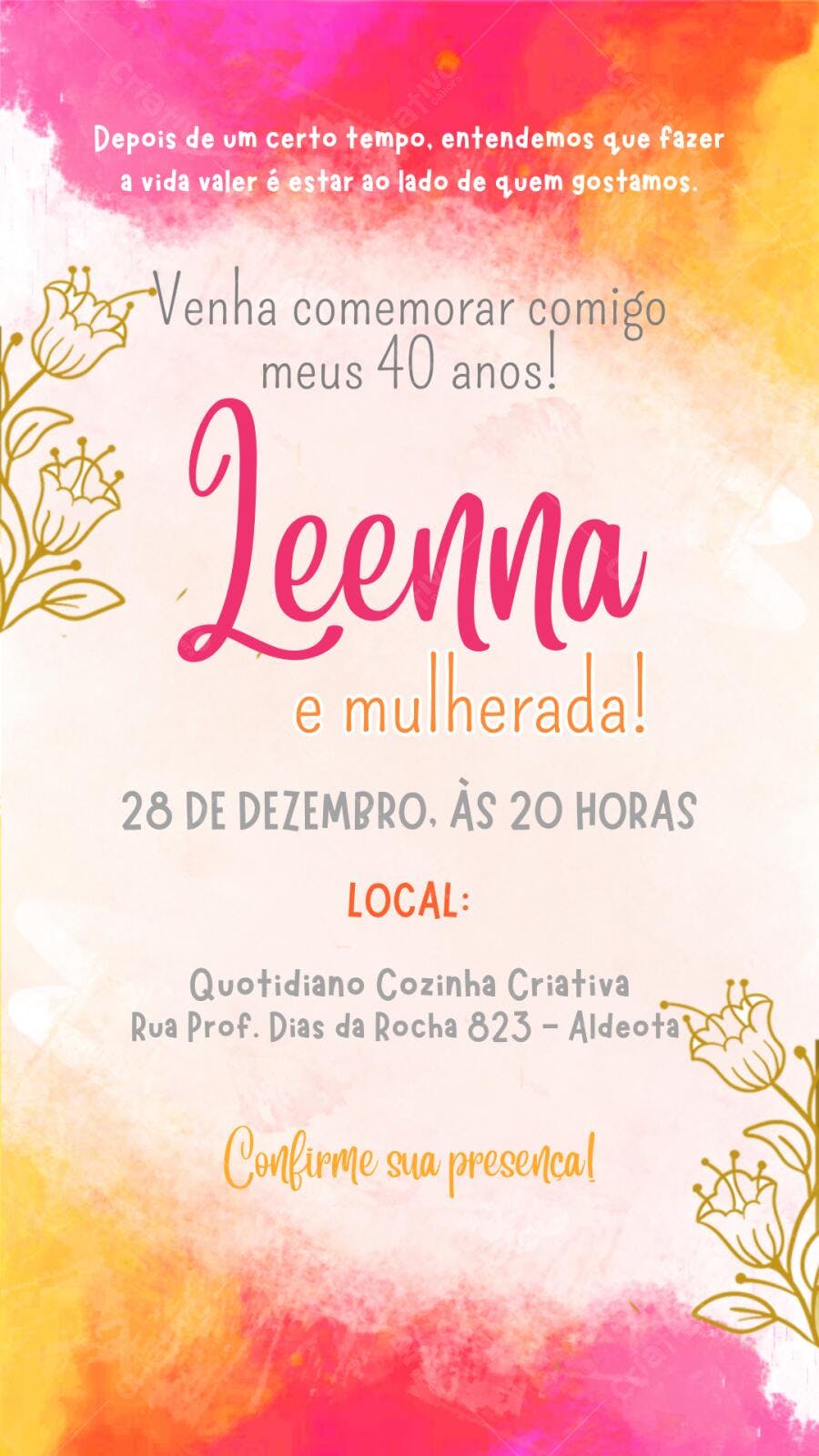 Convite Aniversário Adulto 40 Anos Floral Aquarela Editável