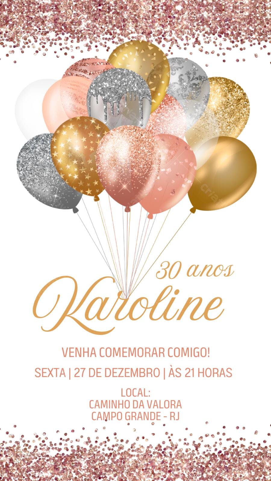 Convite Aniversário Adulto Balões Rose Gold 30 Anos Editável
