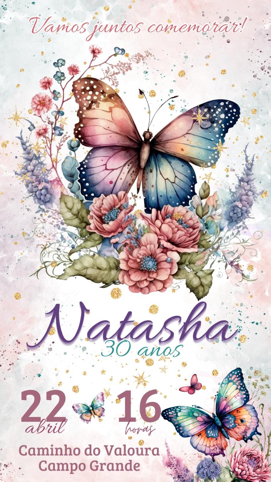 Convite Aniversário Adulto Borboletas Aquarela 30 Anos Editável