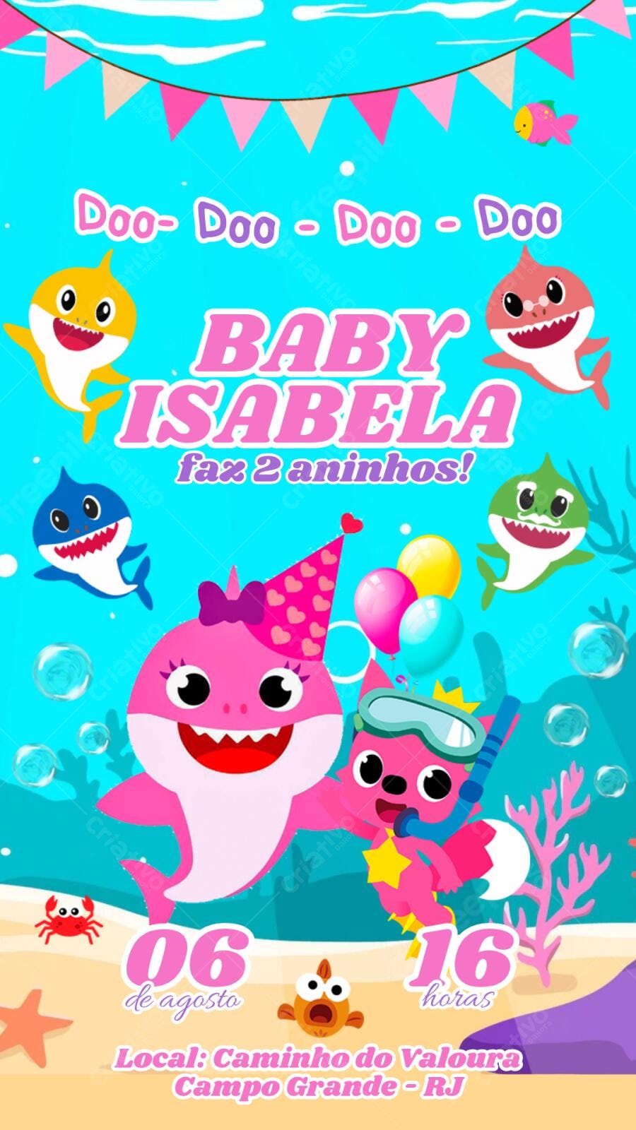 Convite Aniversário Baby Shark 2 Anos Editável