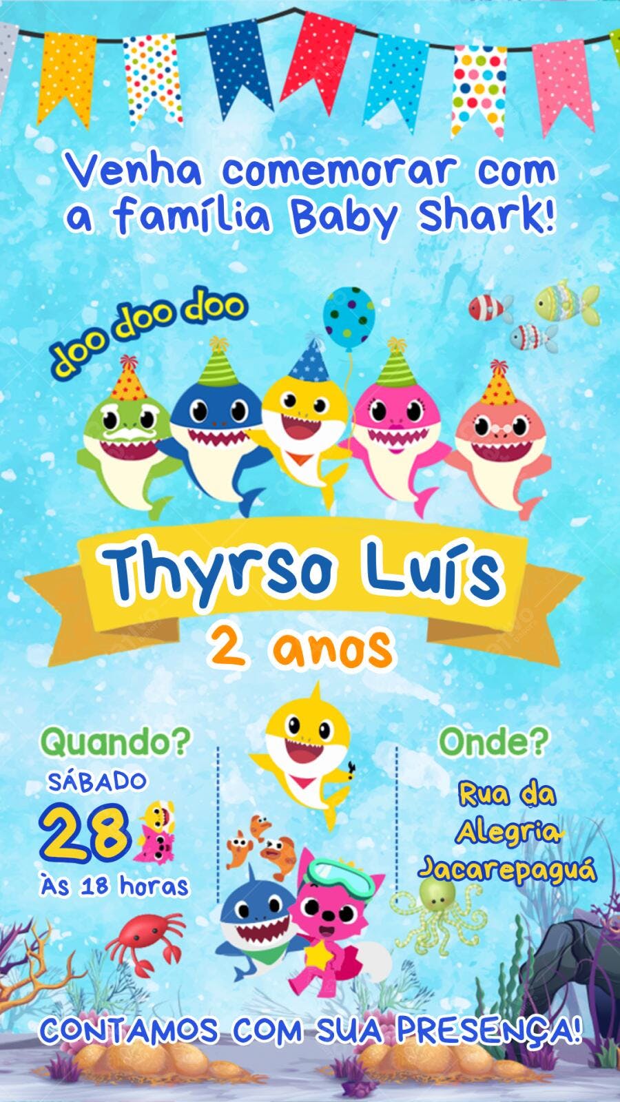 Convite Aniversário Baby Shark 2 Anos Editável