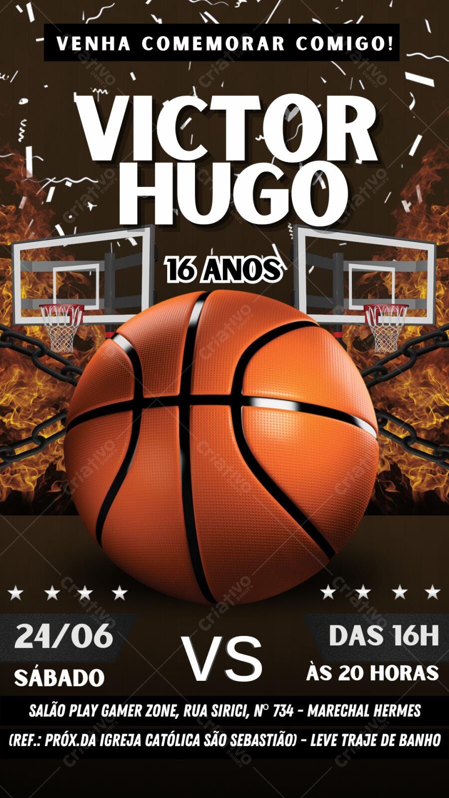Convite Aniversário Basquete 16 Anos Editável Digital