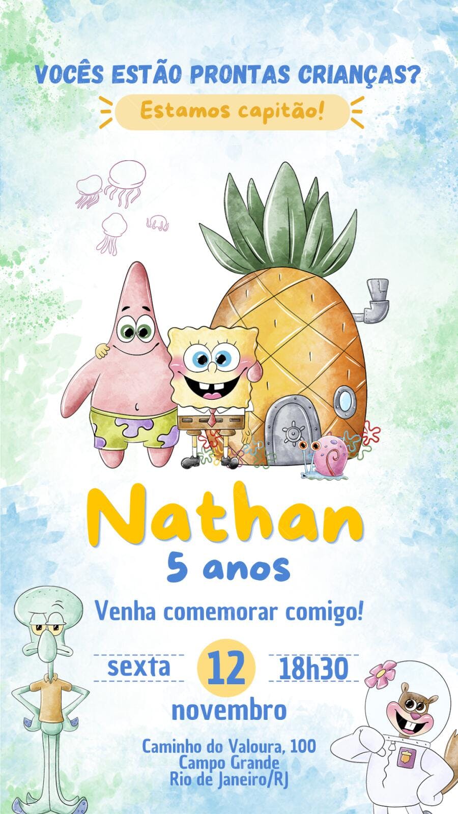 Convite Aniversário Bob Esponja 5 Anos Editável
