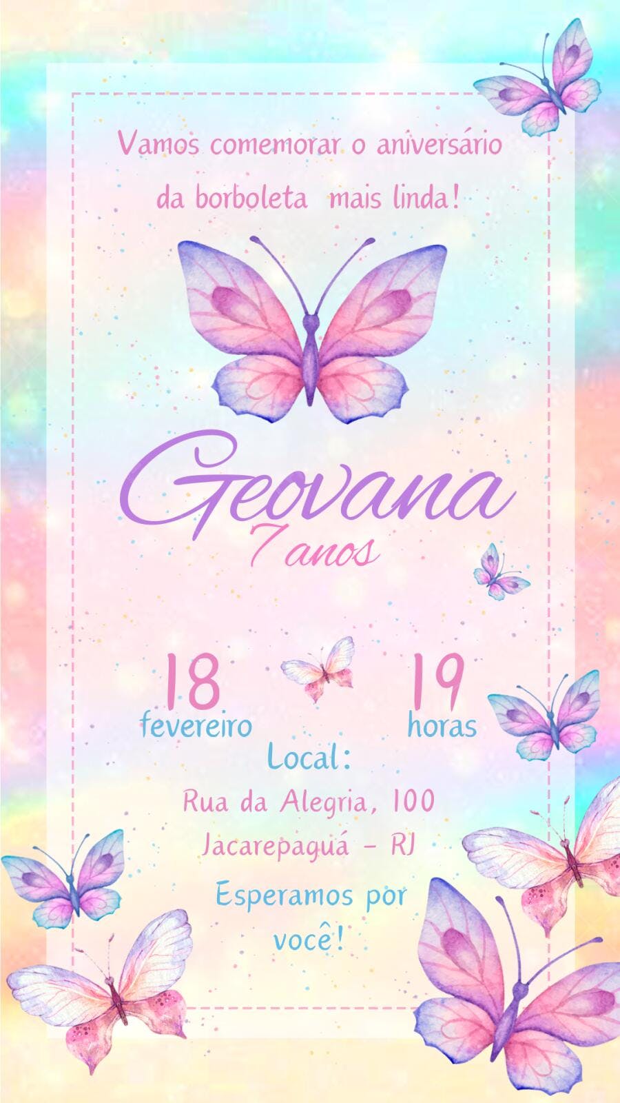 Convite Aniversário Borboletas Aquarela 7 Anos Editável