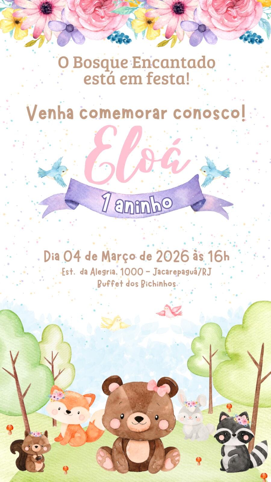 Convite Aniversário Bosque Encantado 1 Aninho Editável