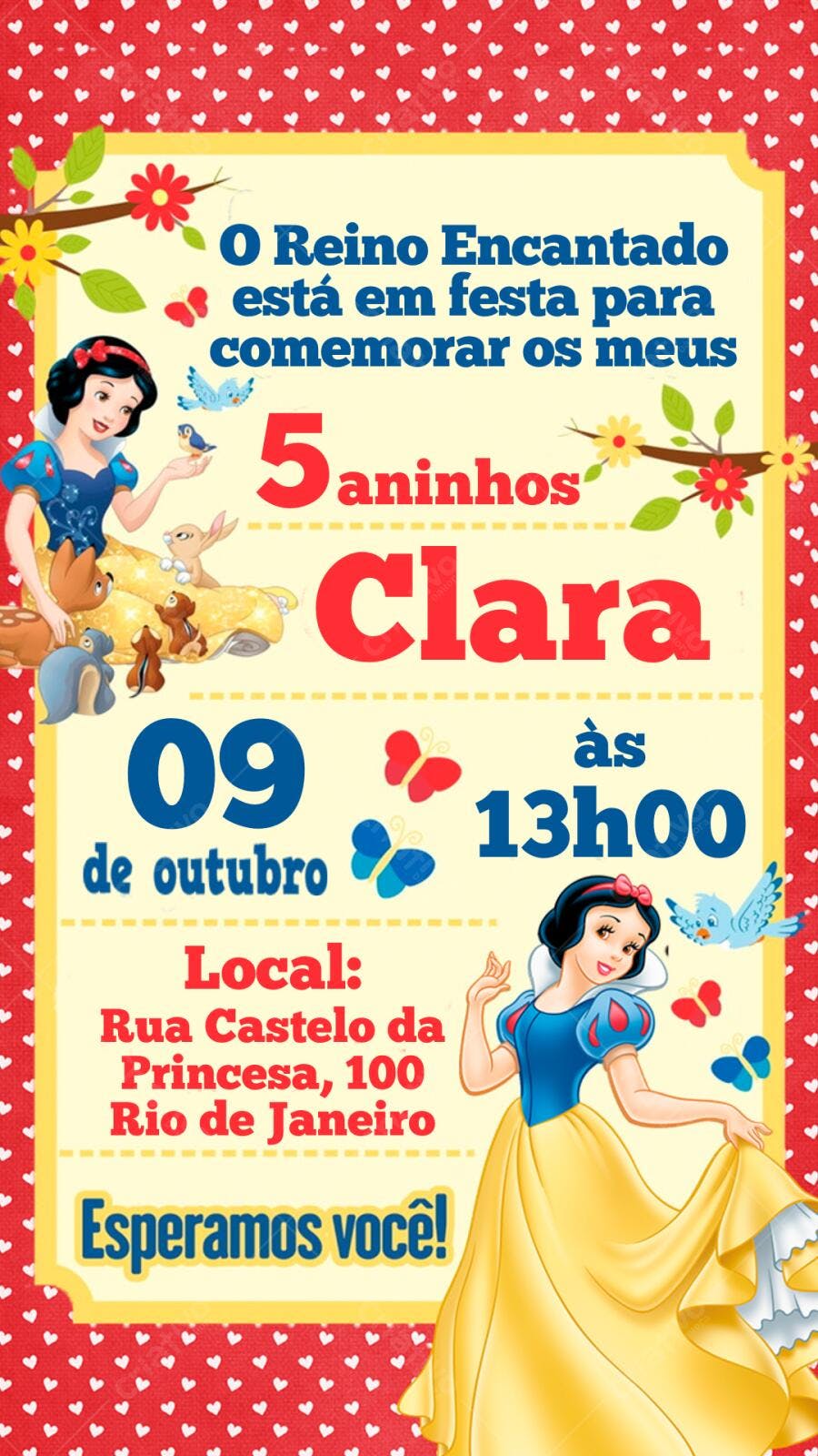 Convite Aniversário Branca de Neve 5 Anos Editável
