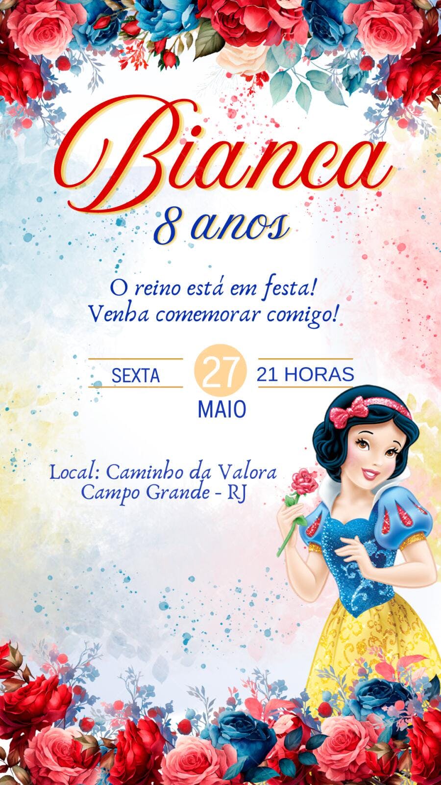 Convite Aniversário Branca de Neve 8 Anos Editável