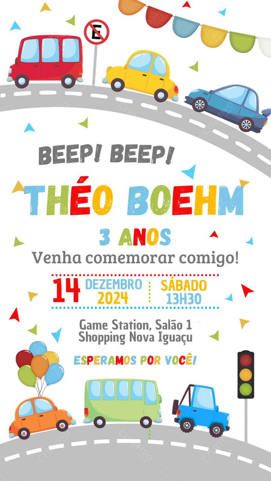 Convite Aniversário Carros Desenho Infantil 3 Anos Editável