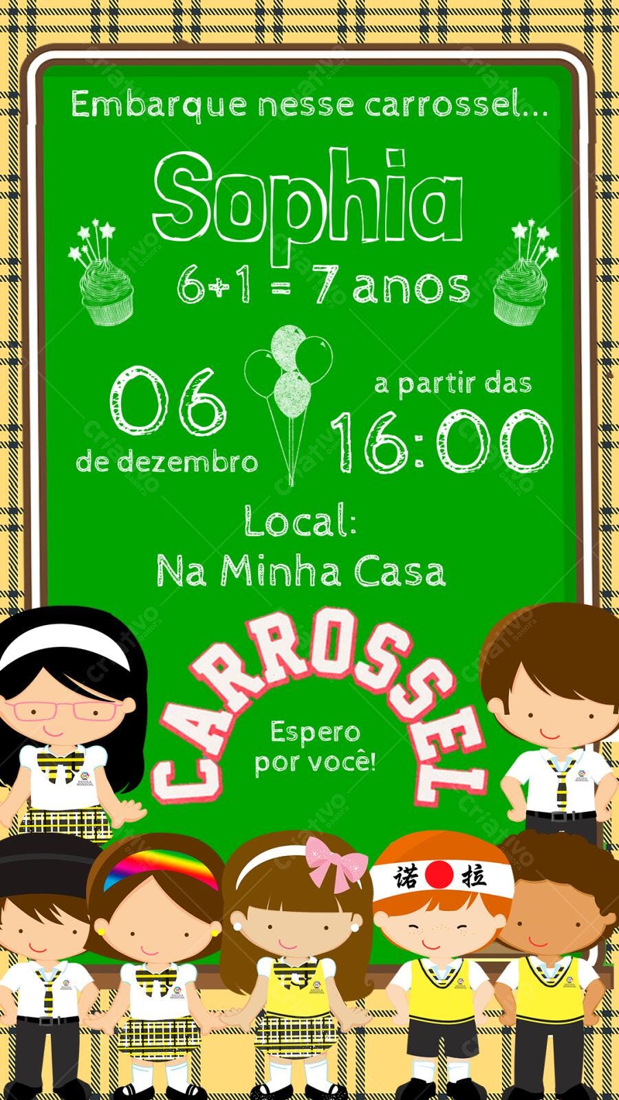 Convite Aniversário Carrossel 7 Anos Infantil Editável