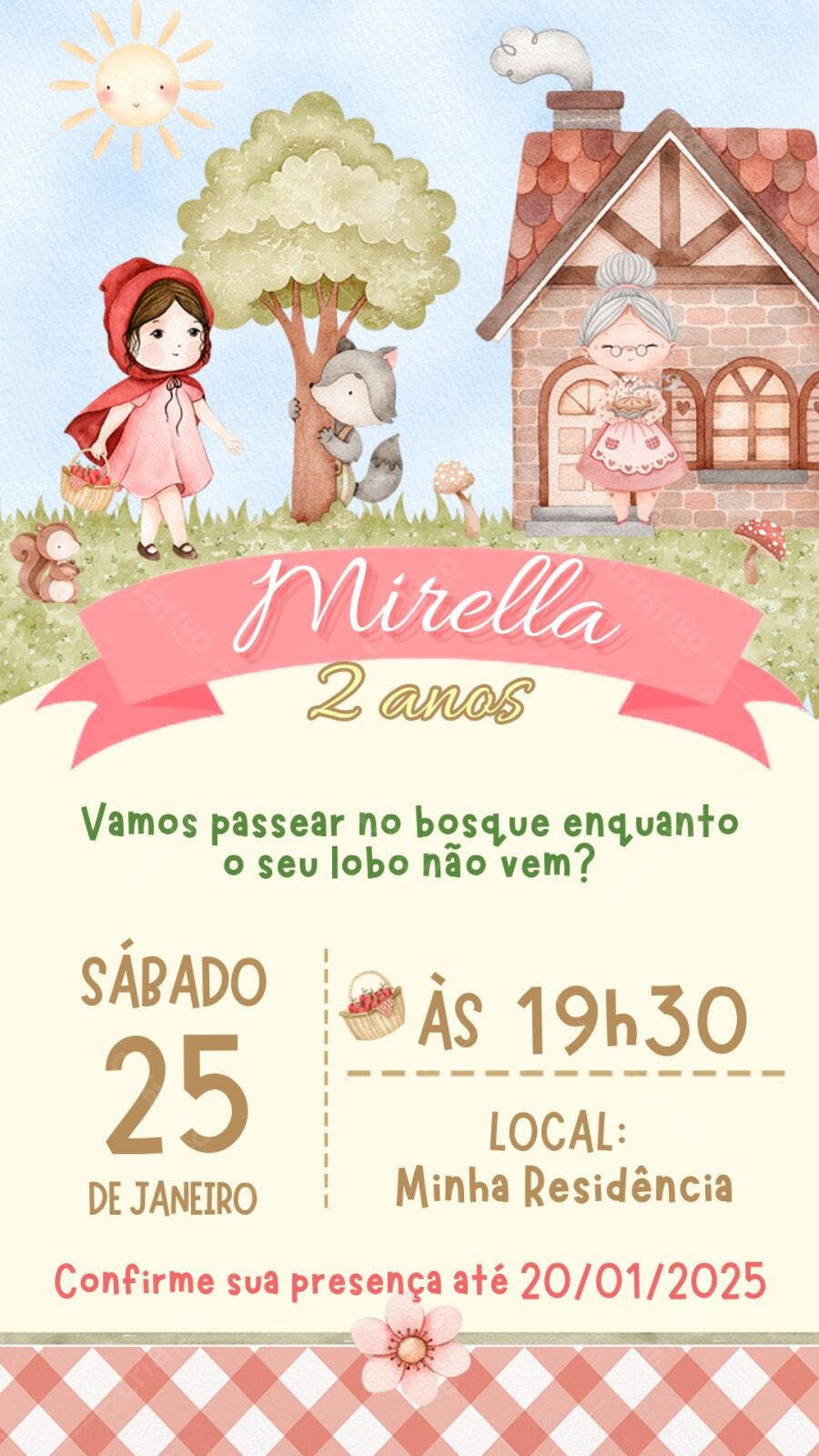 Convite Aniversário Chapeuzinho Vermelho 2 Anos Editável