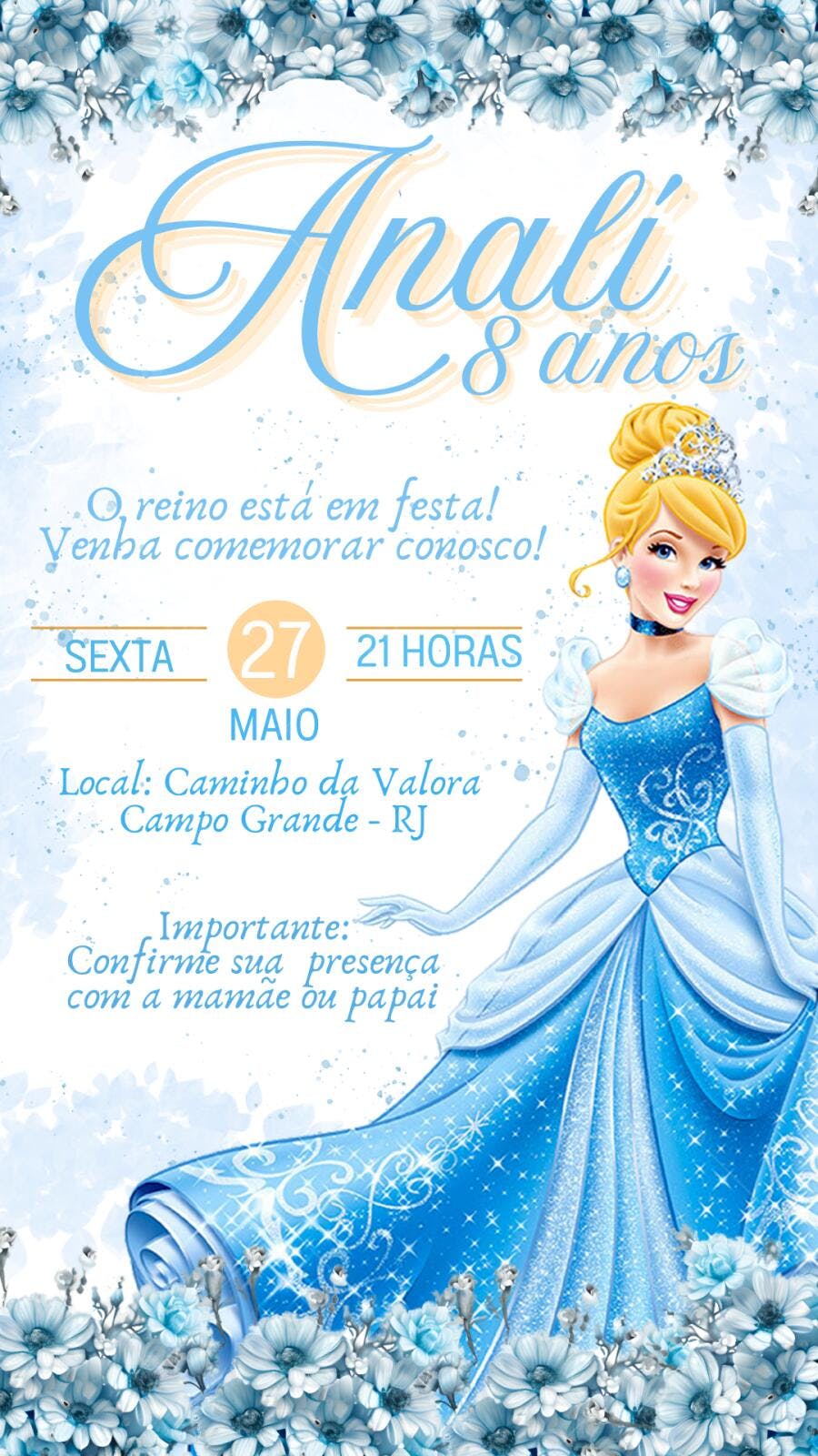 Convite Aniversário Cinderela 8 Anos Editável
