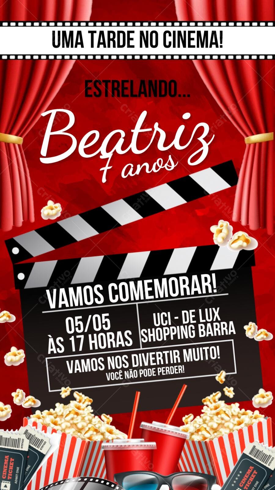 Convite Aniversário Cinema 7 Anos Editável