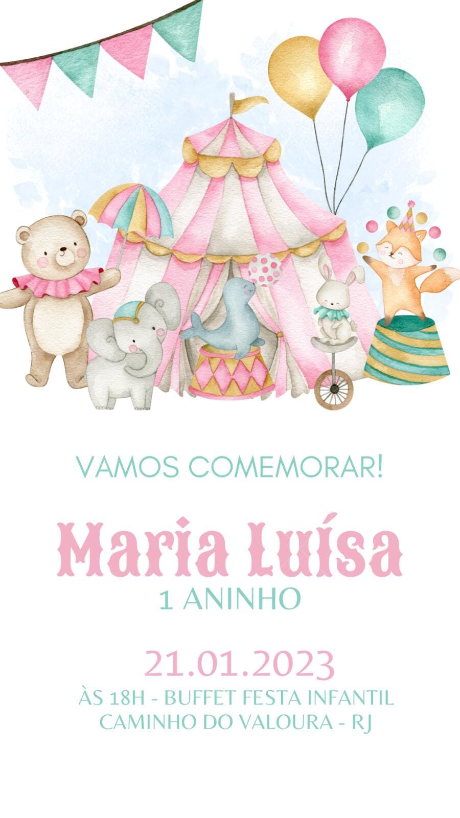 Convite Aniversário Circo Rosa Menina 1 Aninho Editável