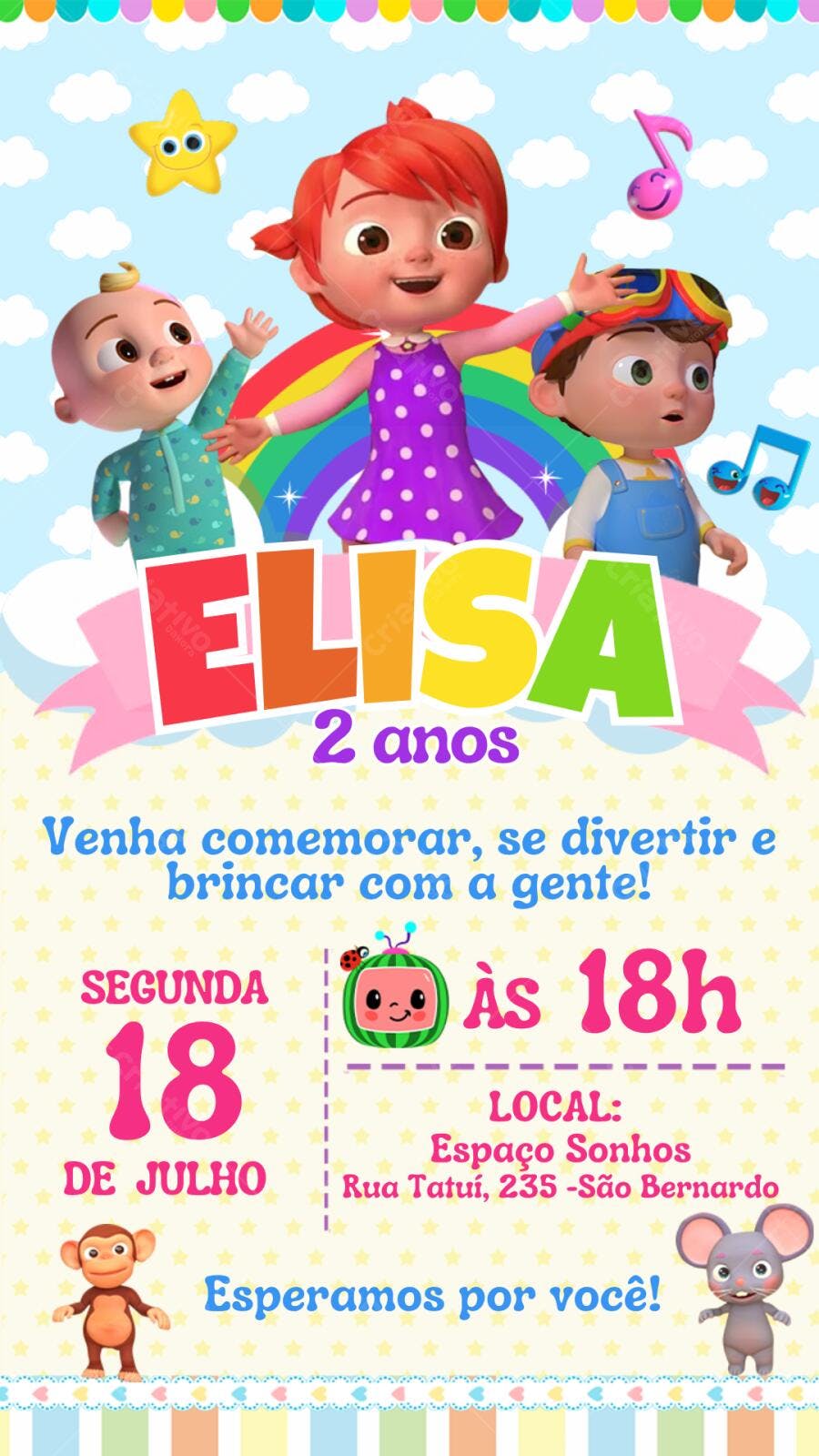 Convite Aniversário Infantil Cocomelon 2 Anos Editável