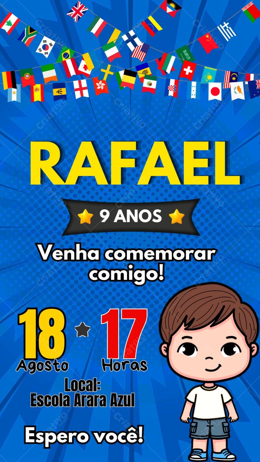 Convite Aniversário Infantil Volta ao Mundo 9 Anos Editável
