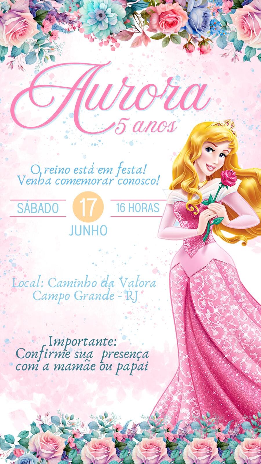 Convite Aniversário Princesa Aurora 5 Anos Editável