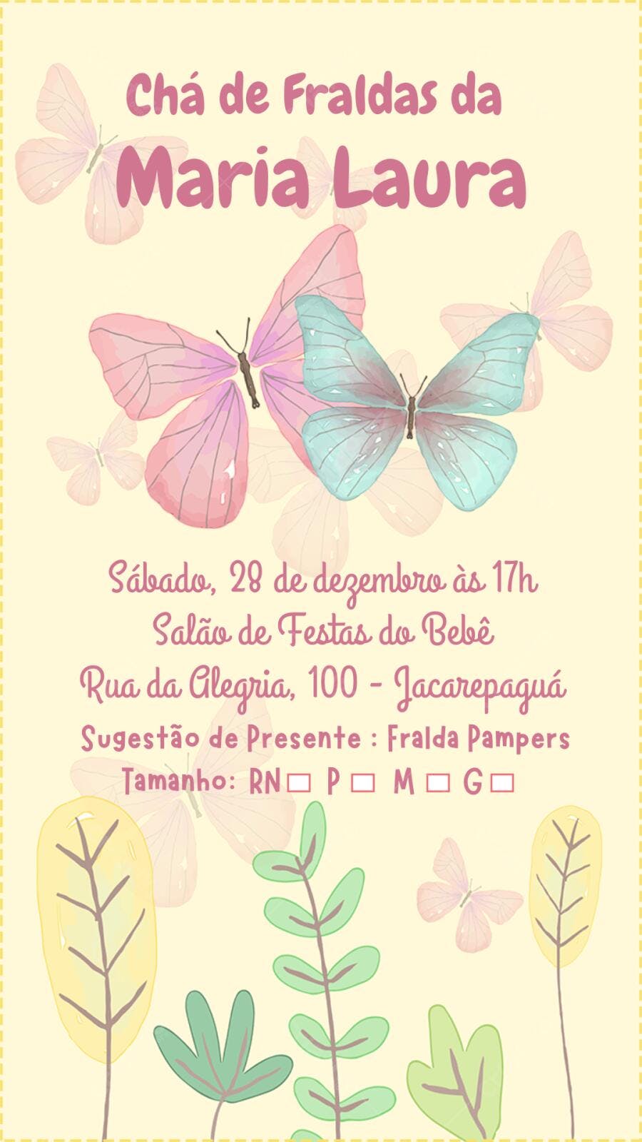 Convite Chá de Fraldas Borboletas Rosa Azul Editável