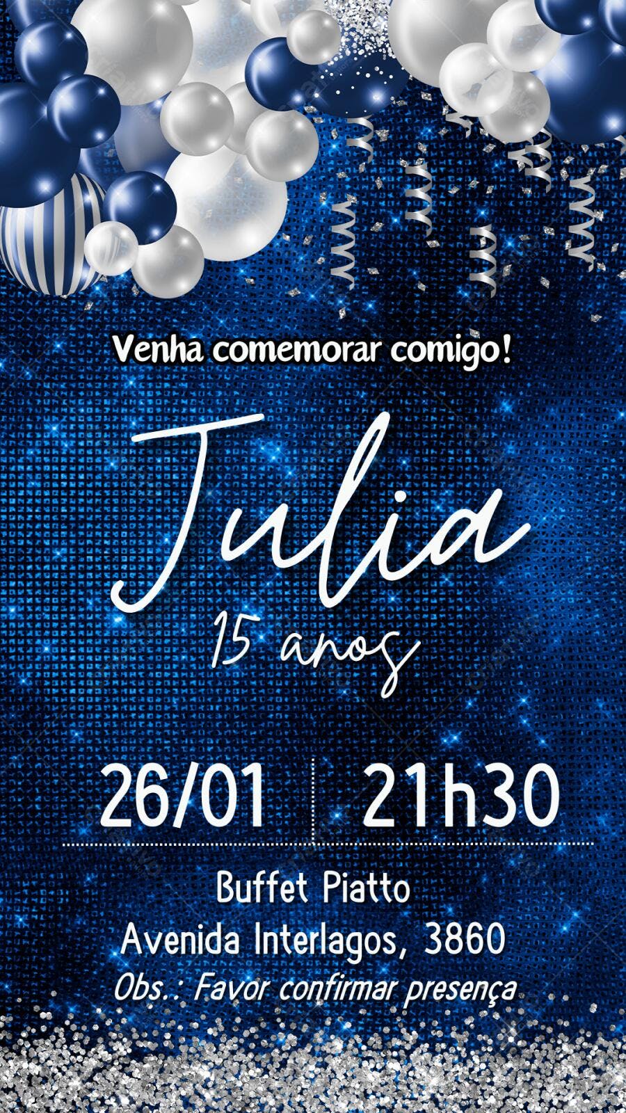Convite Debutante 15 Anos Balões Azul Prata Editável