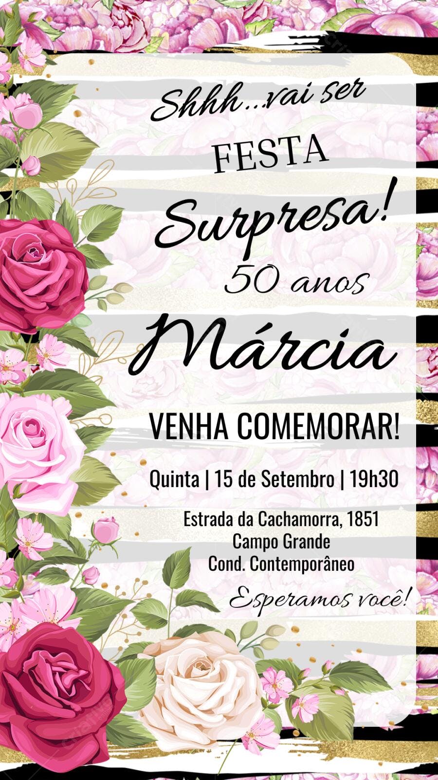 Convite Festa Surpresa 50 Anos Floral Rosas Dourado Editável