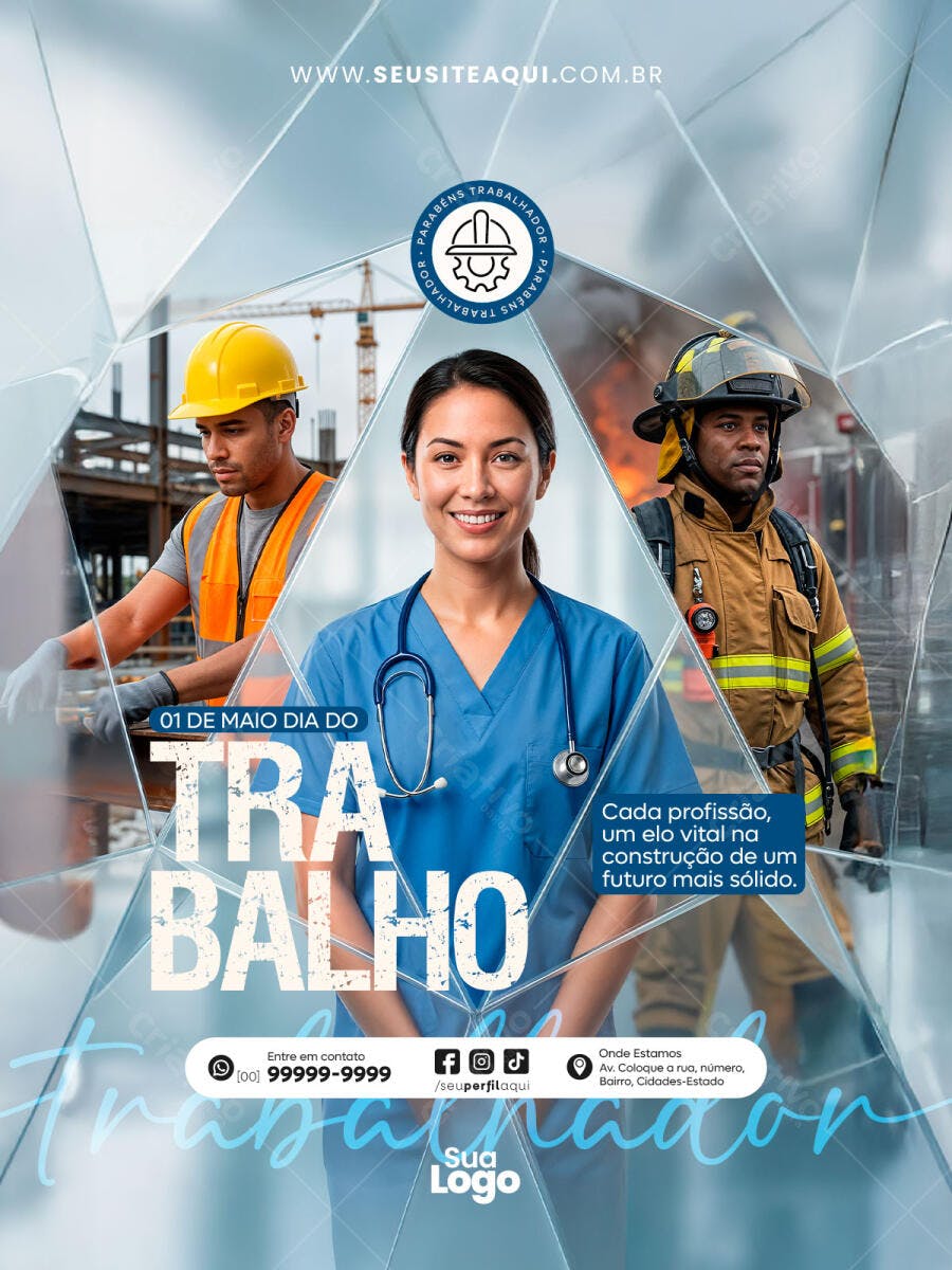 Flyer Dia do Trabalho 1 de Maio Profissões PSD Editável