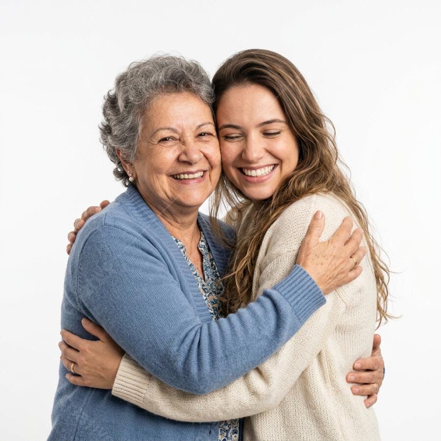 Foto Mulher Jovem e Idosa Abraçadas Sorrindo Fundo Branco