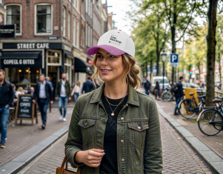 Mockup Boné Branco e Roxo Mulher na Rua Lifestyle Editável
