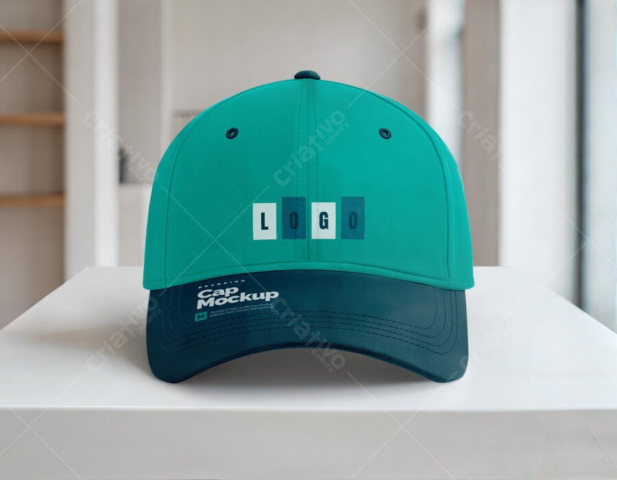 Mockup Boné Verde e Azul Frontal Fundo Claro Editável